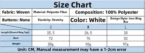 Detailed size chart for white polyester knotted top with ring detail in S, M, L sizes
