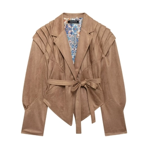 Brown faux suede jacket with pleated shoulders, belted waist and floral lining detail