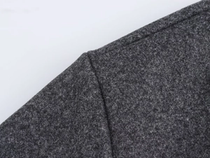 Close-up of shoulder stitching and grey wool blend texture on the winter coat