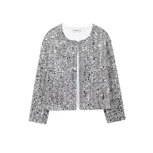 Giacca Elegante con Paillettes Argento da Donna Girocollo Maniche Lunghe Capispalla Corto per Festa Evento Streetwear Casual