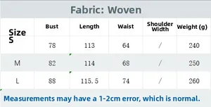 Detailed size chart for printed maxi dress including S, M, L measurements in woven fabric