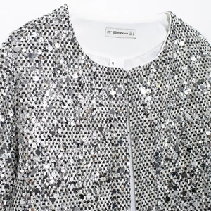 Giacca in tweed da donna con motivo intrecciato bianco nero e paillettes argento