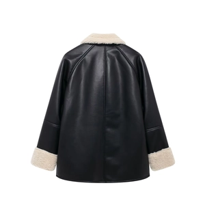 Back view of black faux leather jacket with cream shearling trim and lapel collar