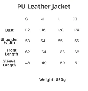 Guide des tailles pour veste en cuir PU vintage avec mesures précises du S au XL