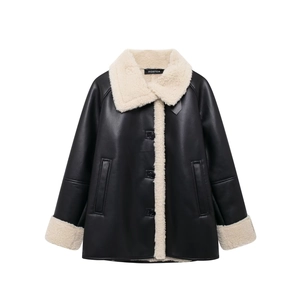 Women's faux leather jacket with cream faux shearling lapel collar and trim detailing