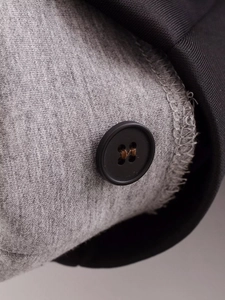 Macro detail of the grey knit coat showing a black button and fine stitching texture