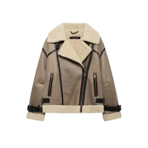 Veste Aviateur Vintage en Fausse Peau de Mouton pour Femme Manteau Motard en Suédine avec Sangles à Boucle et Liseré Contrasté