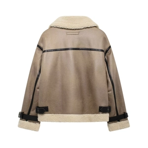 Veste aviateur beige pour femme en similicuir avec détails en peau de mouton dos