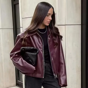 Women Fashion Wine Red Faux Leather Jacket Loose Lapel Zipper PU Outerwear Oversize Casual Biker Jacket Coat