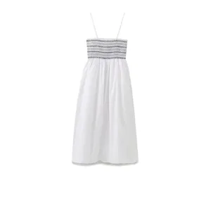 Women's Casual Cotton Smocked Maxi Dress Geometric Embroidery Spaghetti Strap Summer Vacation Cami Long Dress