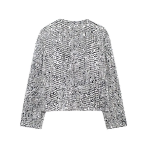 Giacca di paillettes argento scintillante da donna con taglio corto e maniche lunghe, retro