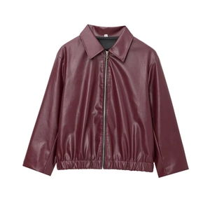 Women's burgundy PU leather jacket with classic collar and silver zipper closure