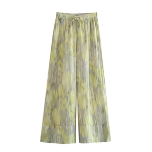 Damen Leinenhose mit weitem Bein und gelb-grauem Aquarell-Batikmuster-Druck