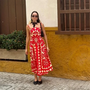 Retro red floral print camisole maxi dress for summer street and resort style