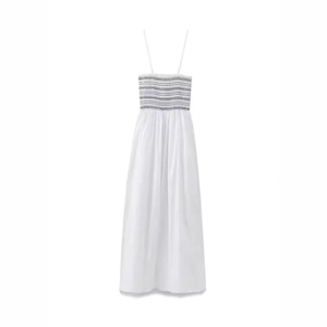 White spaghetti strap poplin midi dress with black embroidered smocked chest detail