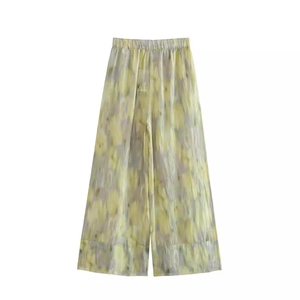 Sommerliche High-Waist-Weite Hose mit abstraktem Blumendruck in sanftem Grau und Gelb