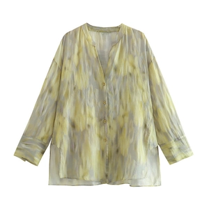 Damen Ramie Langarmshirt mit Gelbem Print, V-Ausschnitt und lockerer Passform Design