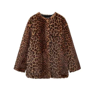 Women Leopard Print Faux Fur Coat Winter Warm Thick Long Sleeve Round Neck Fashion Commute Outerwear Elegant Jacket