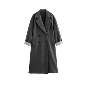 Women's Casual Double Breasted Long Woolen Coat Elegant Solid Color Suit Lapel Overcoat With Striped Lining Outerwear