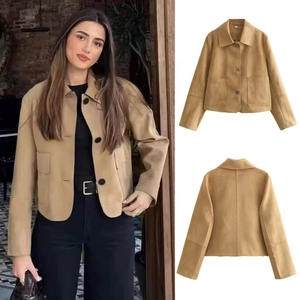 Women Casual Faux Suede Jacket Solid Color Lapel Collar Button Down Short Coat With Pockets Streetwear Fashion Autumn Outwear