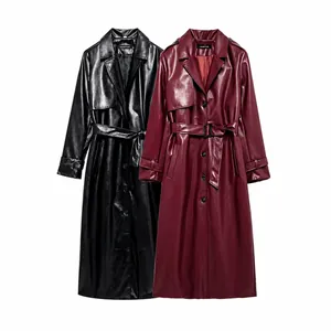 Women long faux leather trench coats in black and burgundy with waist belt and lapel
