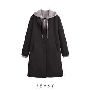 Women Elegant Fake Two-Piece Detachable Hooded Woolen Coat Casual Long Sleeve Single Breasted Patchwork Outerwear Jacket