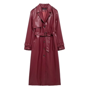 Deep red long faux leather trench coat with lapel collar and matching belt for women