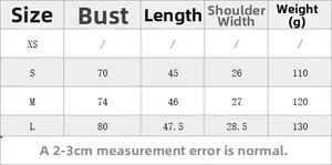 Size chart for backless satin top including bust, length, and shoulder measurements