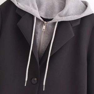 Women's 2-in-1 black blazer coat with grey detachable hood and silver metal zipper
