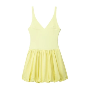 Robe courte d'été jaune clair sans manches pour femme avec col en V et ourlet bulle