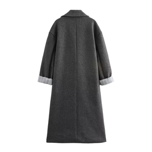Women's dark gray long wool coat with double-breasted cut and striped cuff lining back view