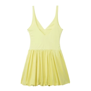 Robe sans manches jaune pâle pour femme avec décolleté en V et ourlet bouffant chic