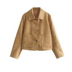 Chic camel faux suede women's lapel jacket with three buttons and large patch pockets
