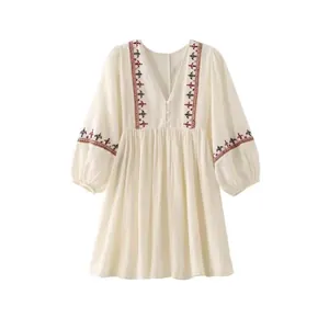 Women Vintage Bohemian Embroidered V Neck Mini Dress Lantern Sleeve Casual White Patchwork Short Summer Vacation Sun Dress