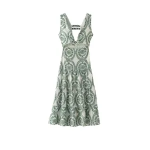 Abito Midi in Poliestere con Ricamo Retrò da Donna Scollo Quadrato Svuotato Nodo Floreale a Balze Linea A Abito da Spiaggia Estivo