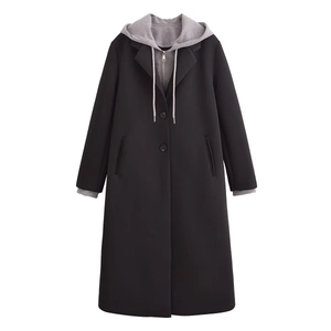 Women's black mid-length hooded coat featuring a stylish layered design and button closure