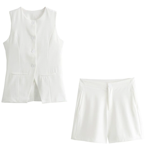 Detailed flat lay of white sleeveless vest and high waist shorts set for summer