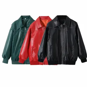 Blouson Vintage en Similicuir PU Femme Surpiqûres Contrastées Poignets Nervurés Zip Biker Streetwear