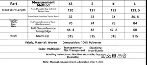 Detailed size chart for women pleated printed maxi dress with measurements and fabric info