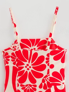 Close-up of red floral pattern on summer dress with thin straps and hidden zipper