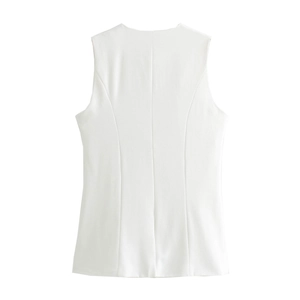 Back view of a white sleeveless suit vest with elegant princess line tailoring on plain background