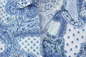 Close-up of linen-blend paisley print shirt collar and breathable fabric texture