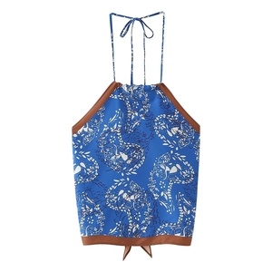 Top halter blu reale da donna con stampa floreale, bordi a contrasto e fiocco al collo