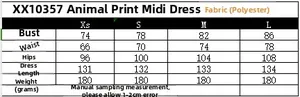 Tableau des tailles détaillé pour robe midi à imprimé animal avec mesures en centimètres