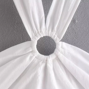 White summer crop top for women featuring a stylish ring buckle and ruched fabric details
