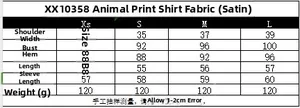 Tableau des tailles détaillé pour chemise en satin à imprimé animal pour femmes XS-L