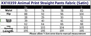 Tableau des tailles pour pantalon droit en satin imprimé animal avec mesures détaillées