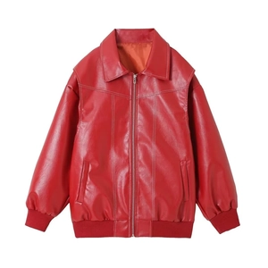Bombardier classique en cuir PU rouge vif avec col à revers et fermeture éclair en métal