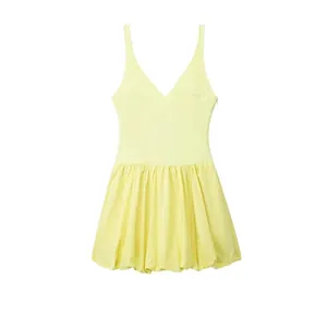 Robe Mini pour Femme Sans Manches Col en V Ourlet Ballon Patchwork Été Bretelles Spaghetti Taille Haute Robes de Soirée Élégant