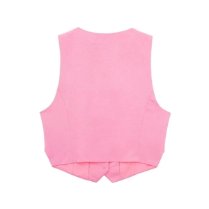 Detail view of pink sleeveless vest with structural pointed hem and smooth fabric